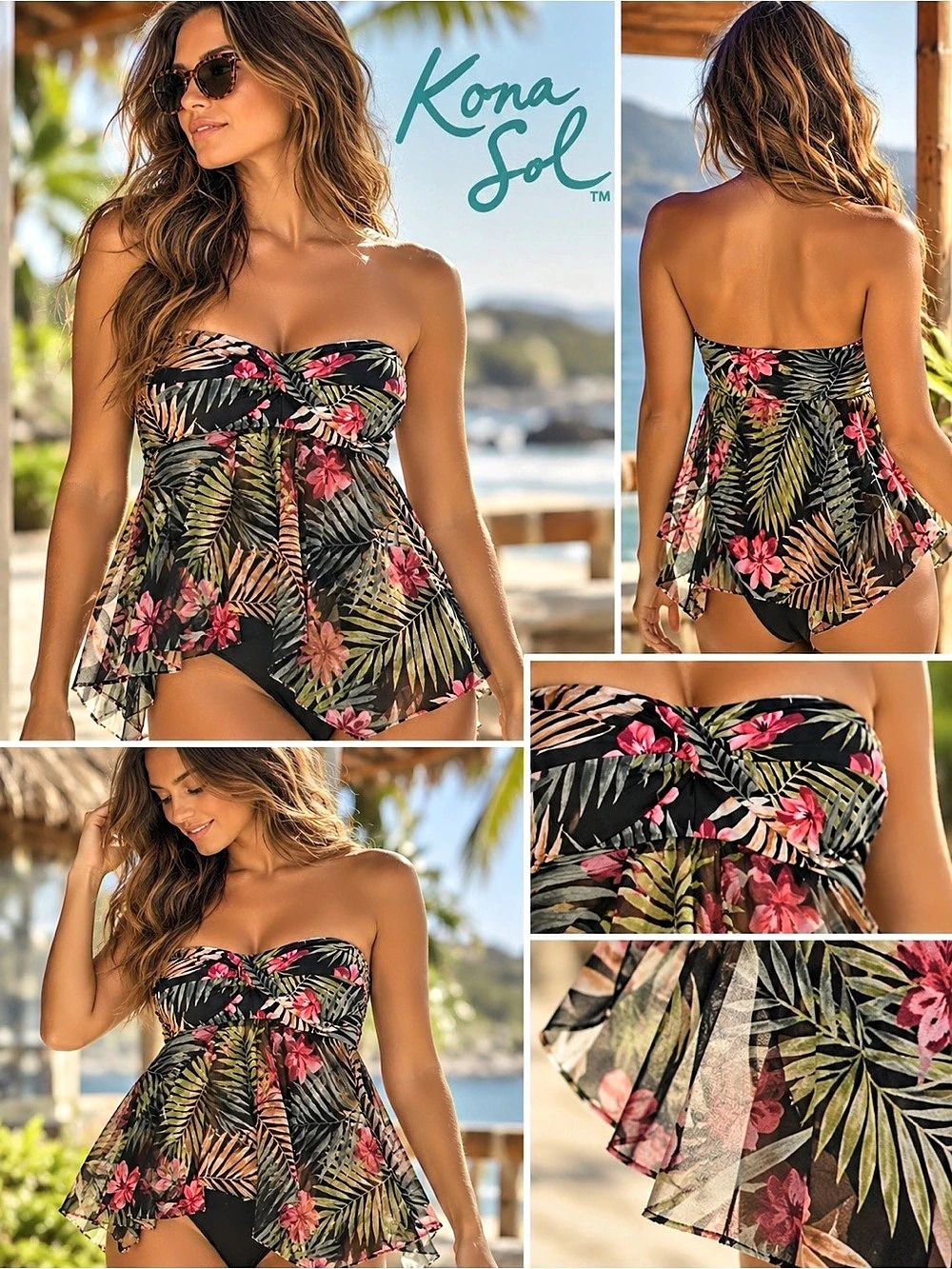 Kona Sol Floral One Piece Swimsuit Black & Pink 1X
